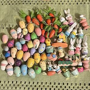 Vintage Lot of 68 Wooden Easter Mini Ornaments Eggs Carrots Bunnies Spring Wood